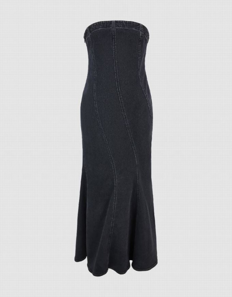 Urban Revivo Sleeveless Off-Shoulder Women's Denim Dress Black | CLPTMUW-98