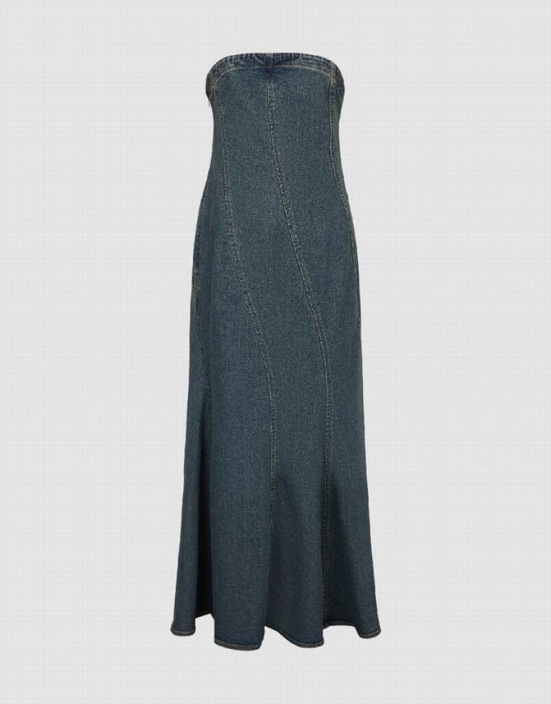 Urban Revivo Sleeveless Off-Shoulder Women's Denim Dress Blue | XIOTUPE-84