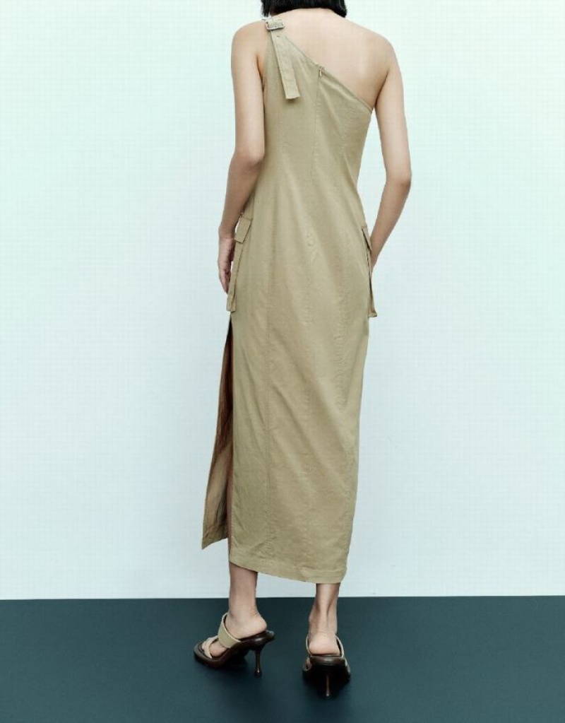 Urban Revivo Sleeveless One Shoulder Straight Women's Dress Khaki | KWDIQVT-12