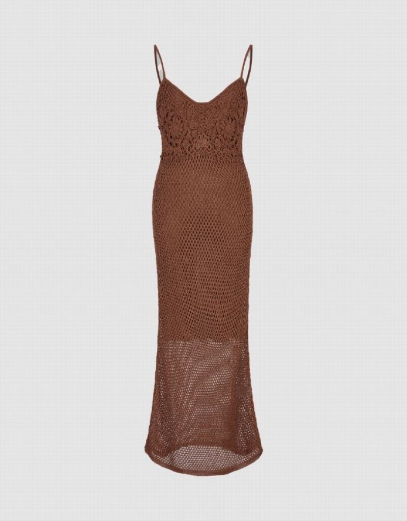 Urban Revivo Sleeveless Pointelle Women's Knitted Dress Coffee | YHITMQF-34