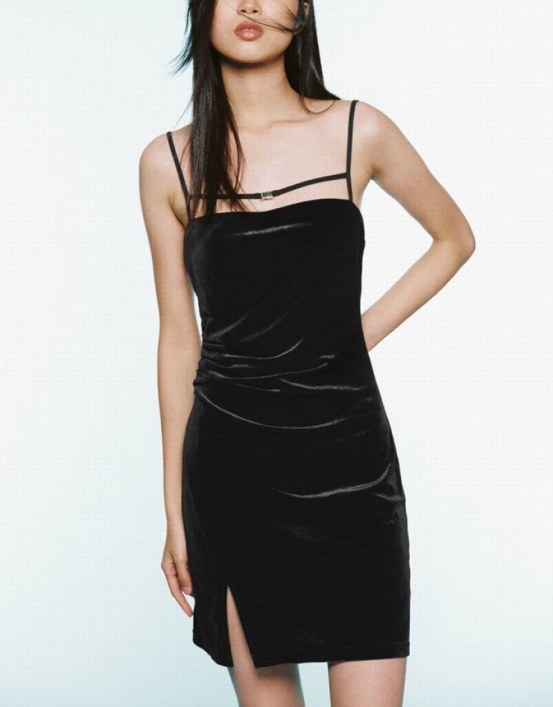 Urban Revivo Sleeveless Square-Cut Collar Straight Women's Dress Black | VCPWAEO-14