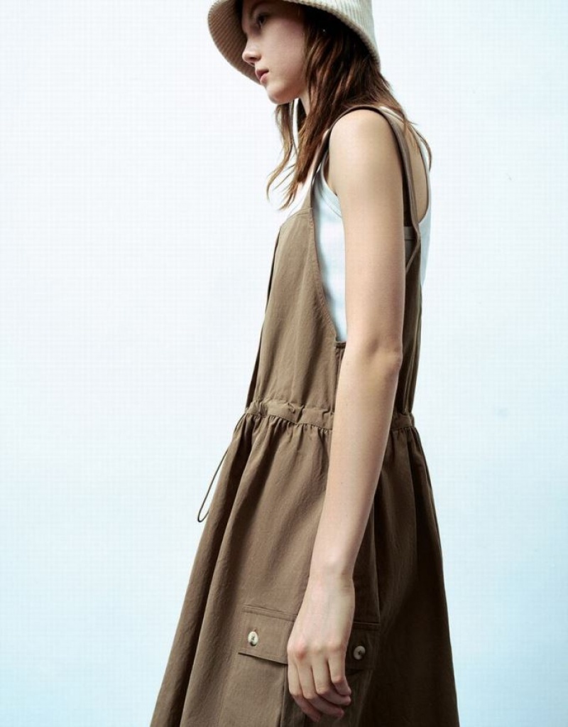 Urban Revivo Sleeveless Square-Cut Collar Straight Women's Dress Brown | ASEPQTL-46