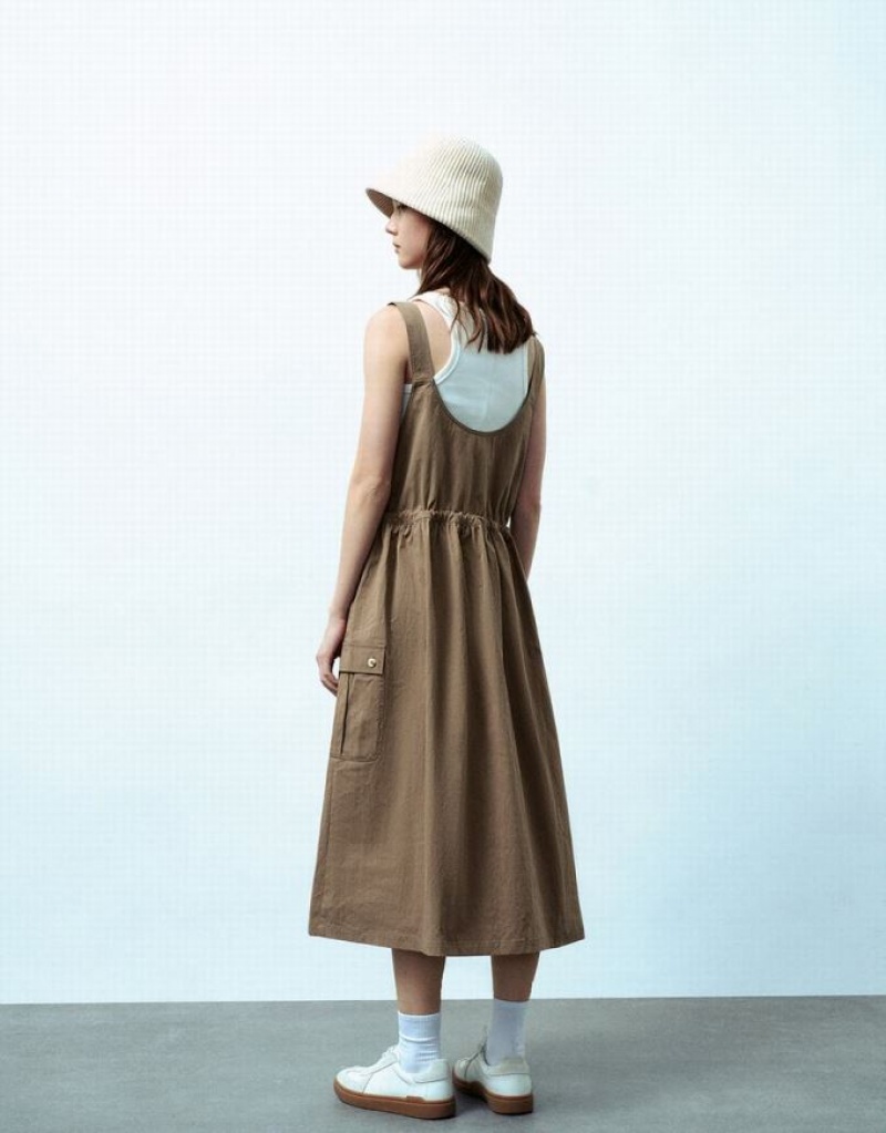 Urban Revivo Sleeveless Square-Cut Collar Straight Women's Dress Brown | ASEPQTL-46