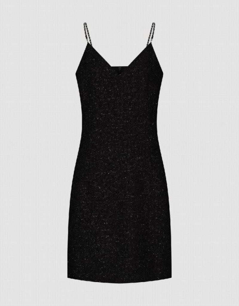 Urban Revivo Sleeveless Tweed V-Neck Straight Women's Dress Black | BCVSANI-46