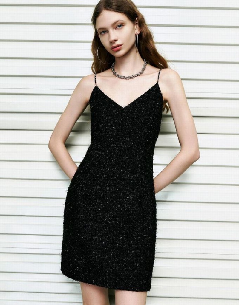 Urban Revivo Sleeveless Tweed V-Neck Straight Women's Dress Black | BCVSANI-46