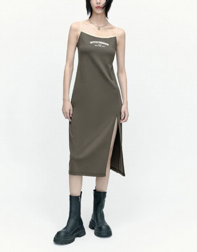 Urban Revivo Sleeveless U Neck Skinny Women's Dress Khaki | SXKVABH-12