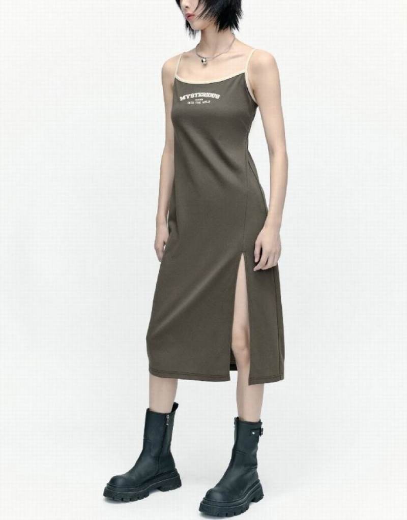 Urban Revivo Sleeveless U Neck Skinny Women's Dress Khaki | SXKVABH-12