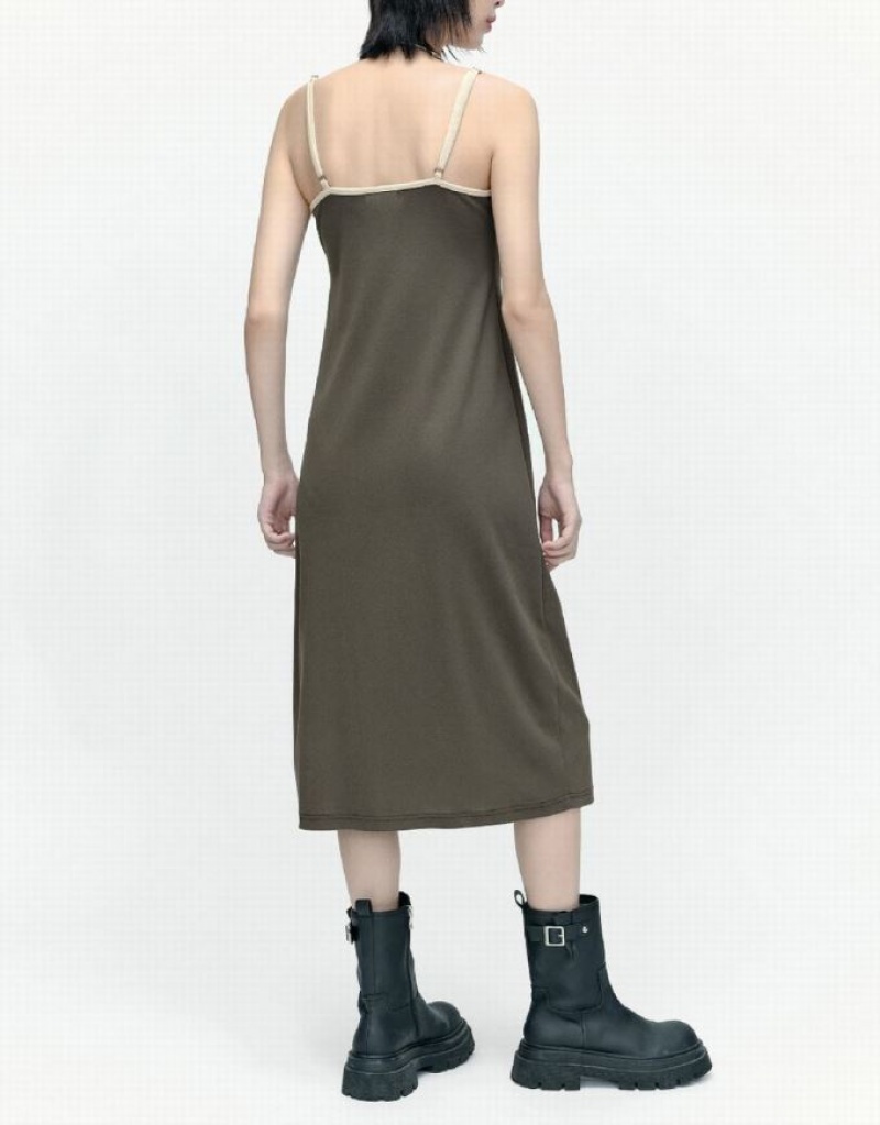 Urban Revivo Sleeveless U Neck Skinny Women's Dress Khaki | SXKVABH-12