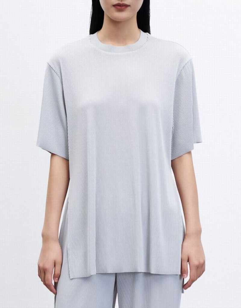 Urban Revivo Slit Hem Textured Women's T-Shirts Light Grey | SXQITBK-18