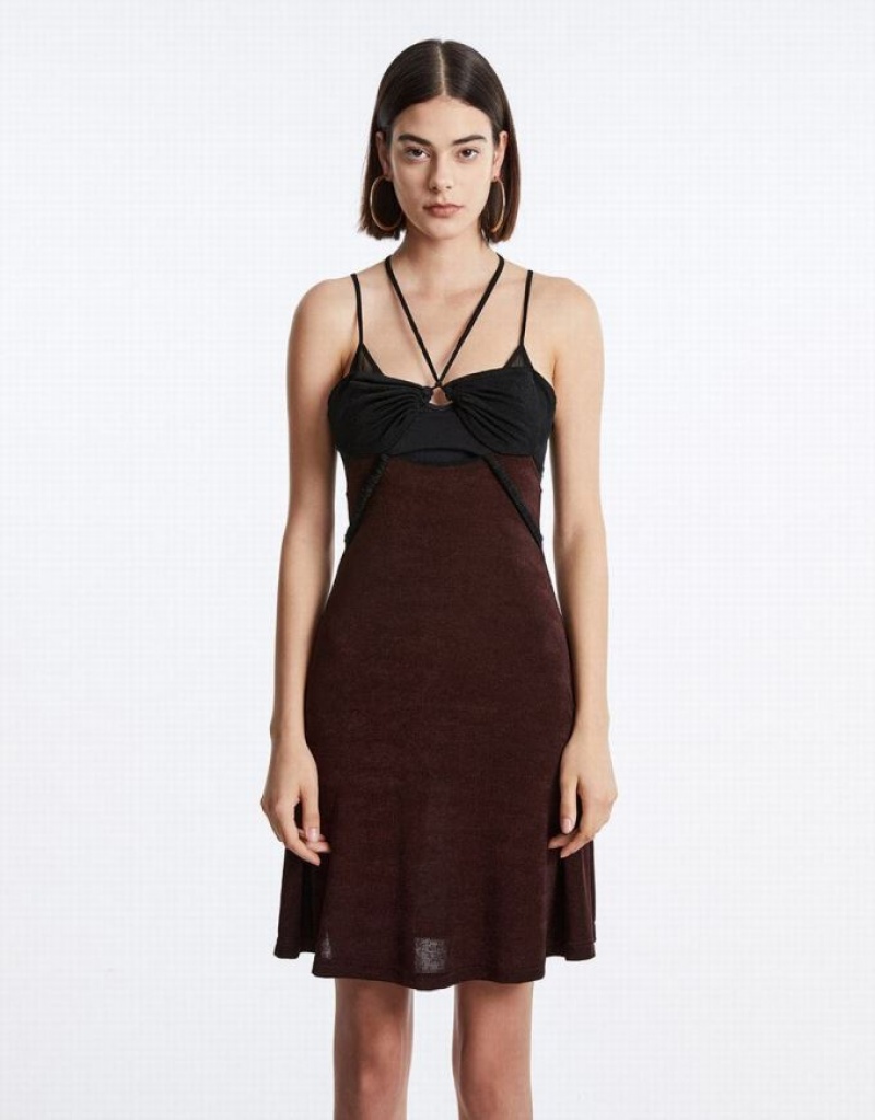 Urban Revivo Spliced Sheer Mesh Cami Women's Dress Brown | WTDMLAG-49