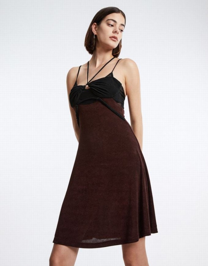 Urban Revivo Spliced Sheer Mesh Cami Women\'s Dress Brown | WTDMLAG-49