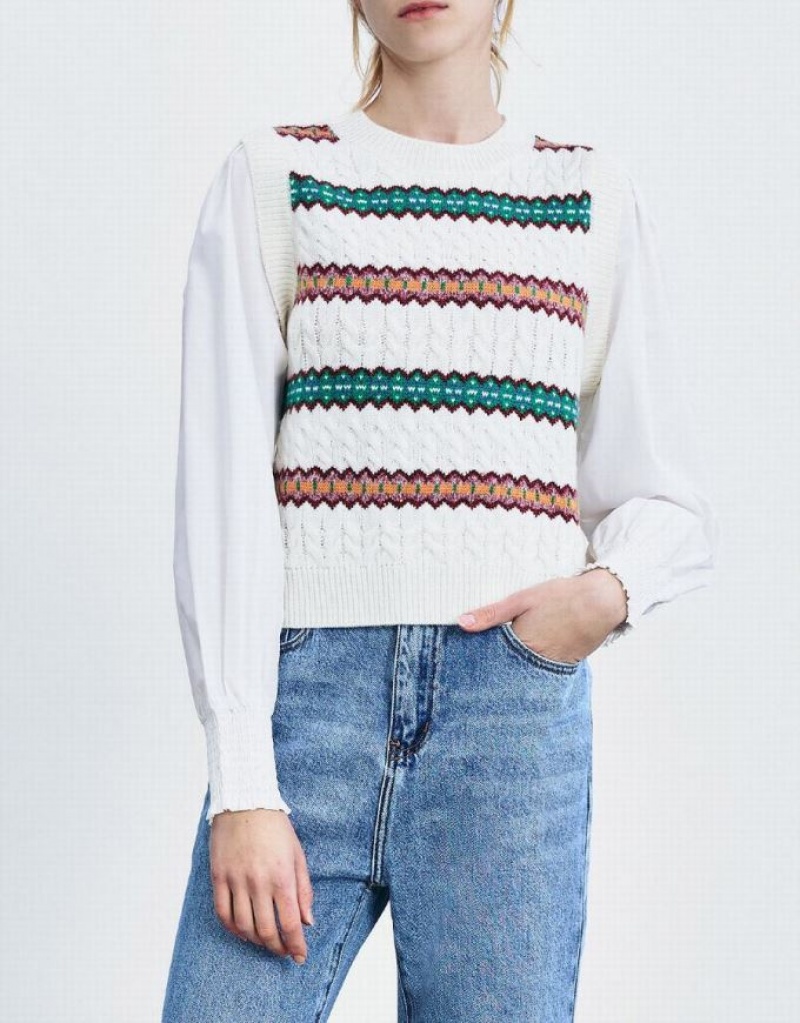 Urban Revivo Spliced Striped Knitted Top Women's Cardigan White | YWKUXSI-27