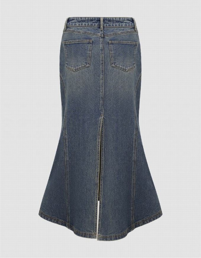 Urban Revivo Split Hem Midi Fishtail Women's Denim Skirt Blue | IHTRNDM-24