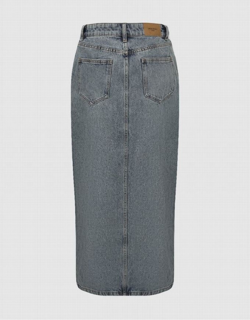 Urban Revivo Split Hem Midi Straight Women's Denim Skirt Blue | RDGLTEK-92