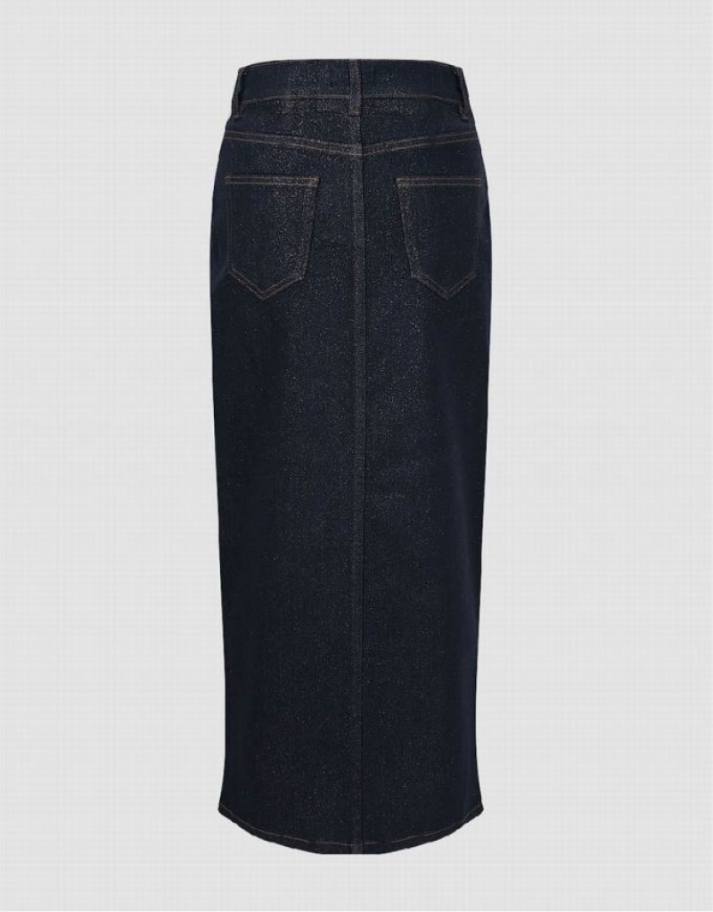 Urban Revivo Split Hem Midi Women's Denim Skirt Blue | YIAEHUQ-40