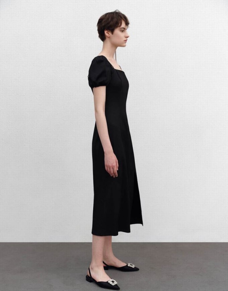 Urban Revivo Split Hem Square-cut Collar A-Line Women's Dress Black | VMJPQKU-23