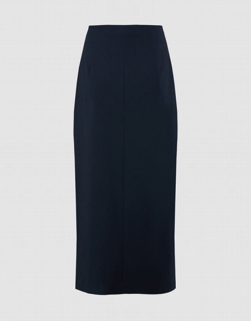 Urban Revivo Split Hem Straight Midi Women's Skirts Navy | UCGIPWQ-20