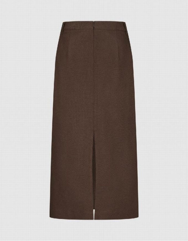 Urban Revivo Split Hem Straight Women's Skirts Brown | GSYRHIU-46