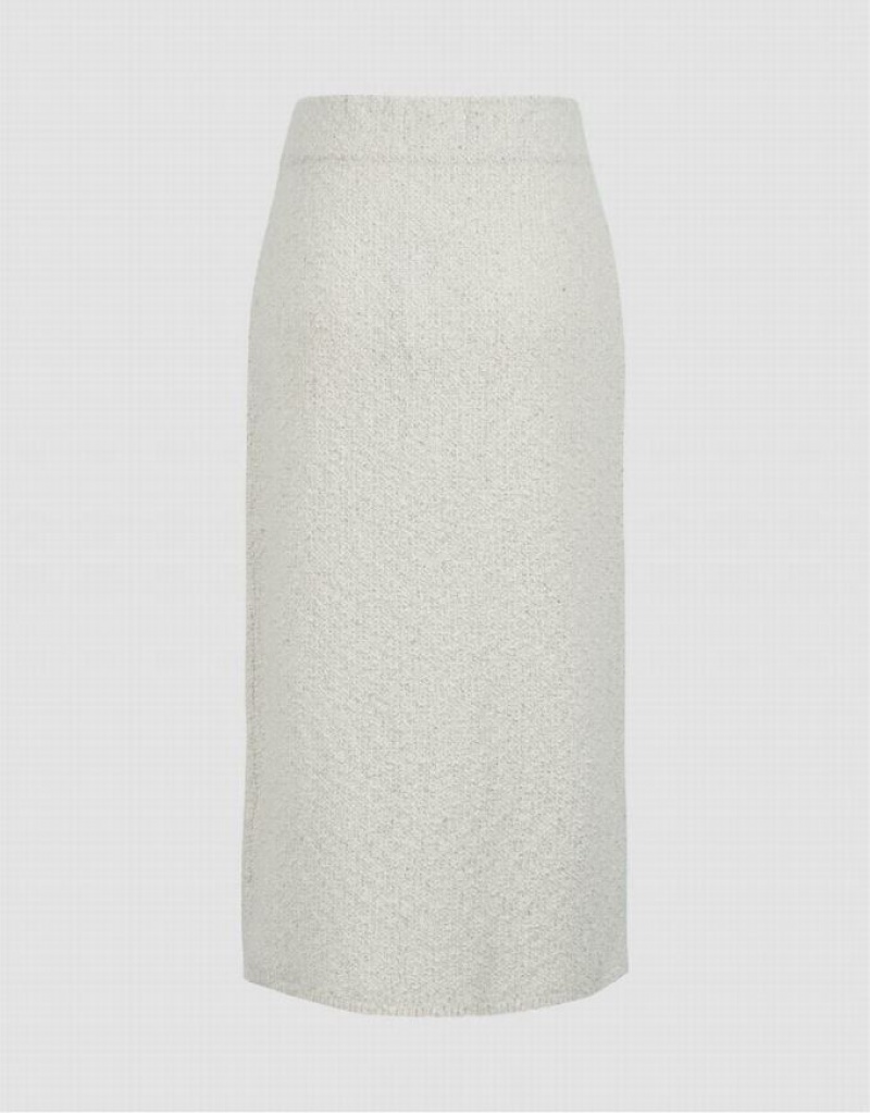 Urban Revivo Split Hem Tweed Knitted Straight Women's Skirts White | QIHONEK-78