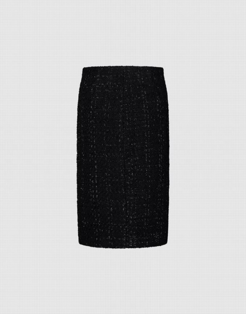 Urban Revivo Split Hem Tweed Straight Women's Skirts Black | ZOBWHLX-27