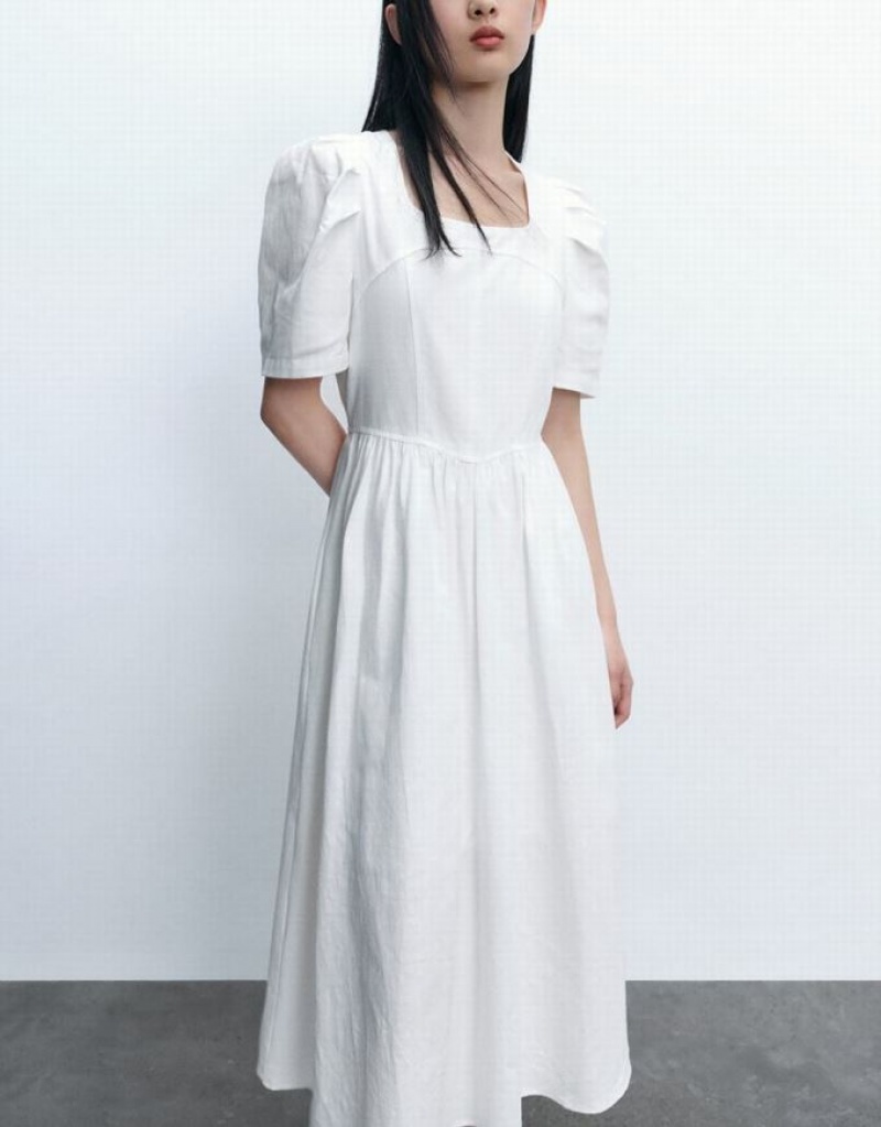 Urban Revivo Square-Cut Collar A-Line Women's Denim Dress White | MTVONLU-08