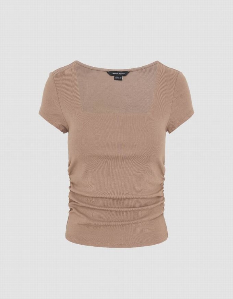 Urban Revivo Square-Cut Collar Skinny Knitted Women's T-Shirts Khaki | DRASVNL-35