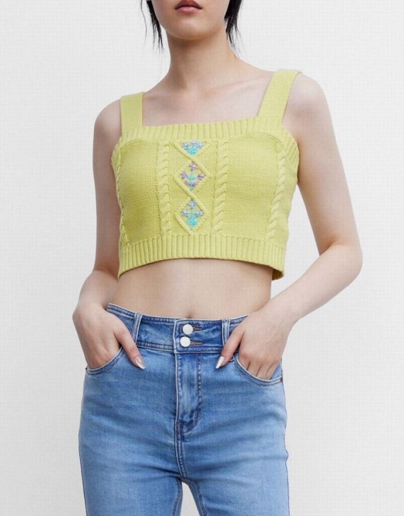 Urban Revivo Square Neck Knitted Sleeveless Women's Tank Top Yellow | GKIEMWQ-27