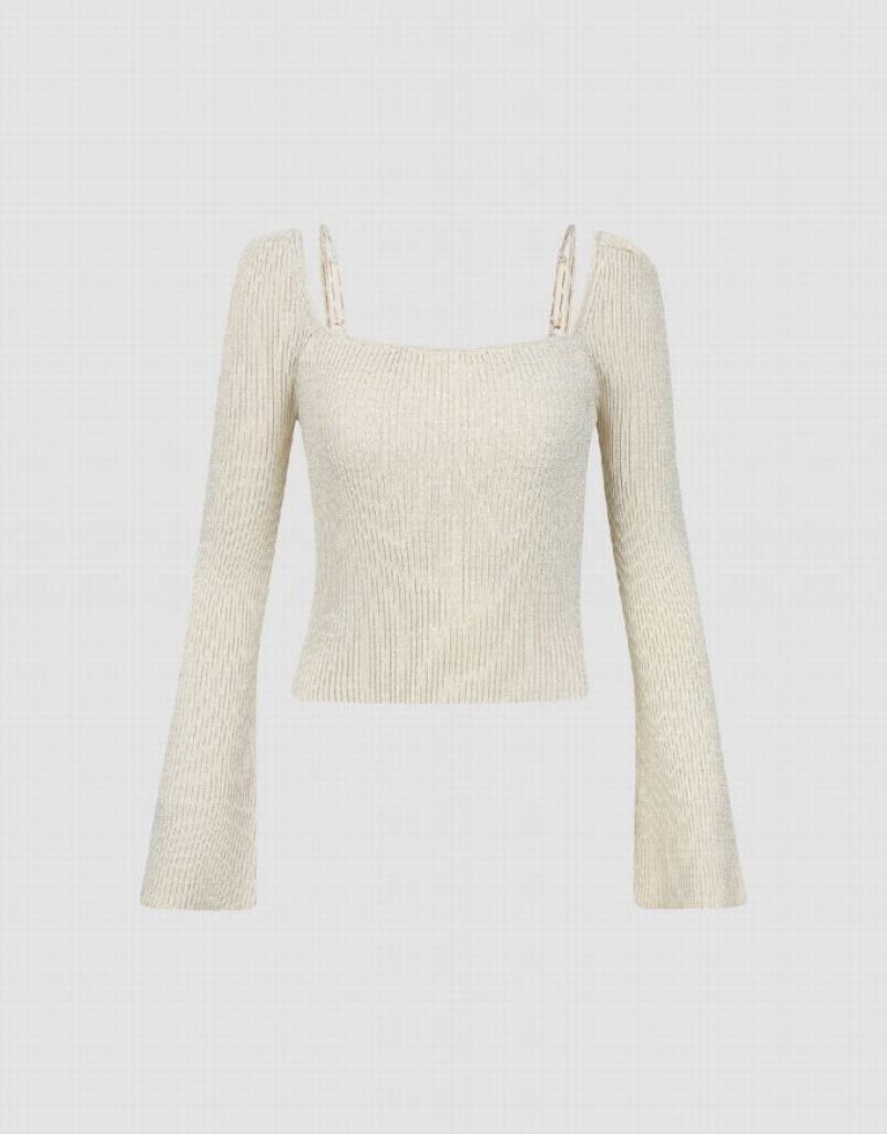 Urban Revivo Square-cut Collar Knitted Women's Cardigan White | QRMEVIZ-52