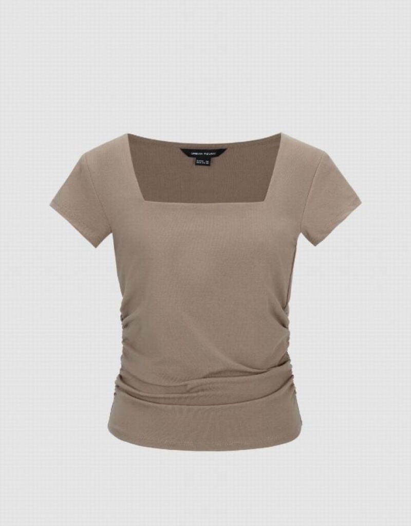 Urban Revivo Square-cut Collar Skinny Women's T-Shirts Olive | QXGJWEB-05