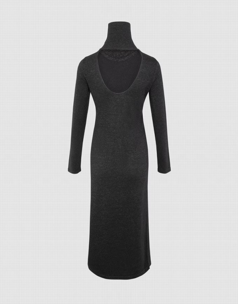 Urban Revivo Stand Collar Split Women's Knitted Dress Black | PXOHTED-23