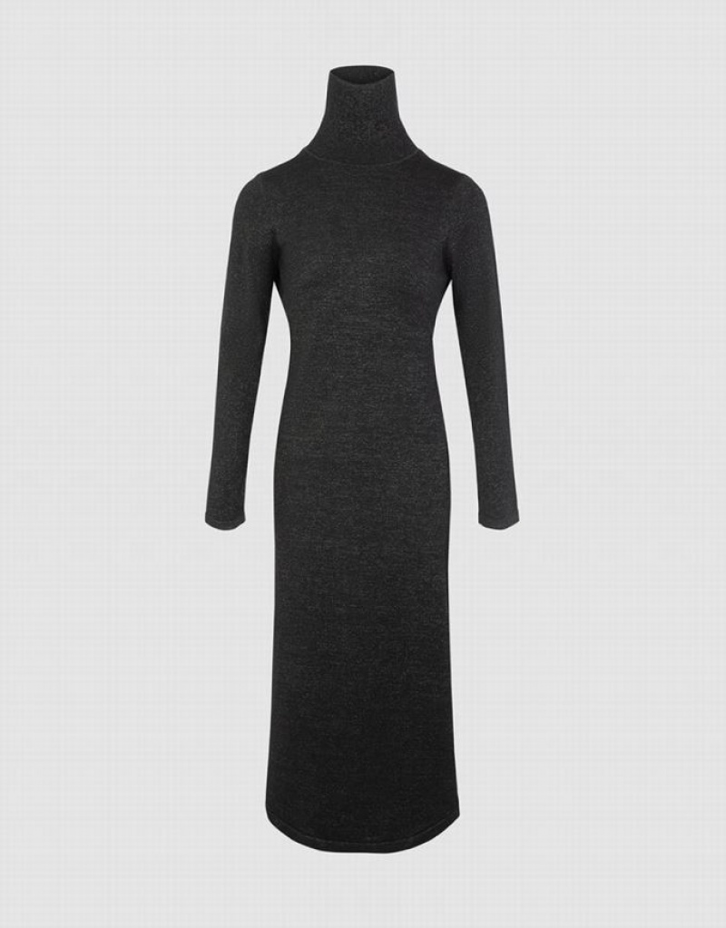 Urban Revivo Stand Collar Split Women\'s Knitted Dress Black | PXOHTED-23