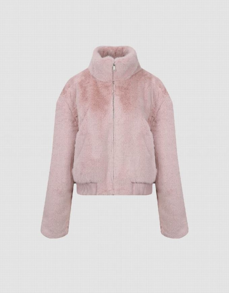 Urban Revivo Stand Collar Straight Furry Women's Coats Pink | RJANVZB-24