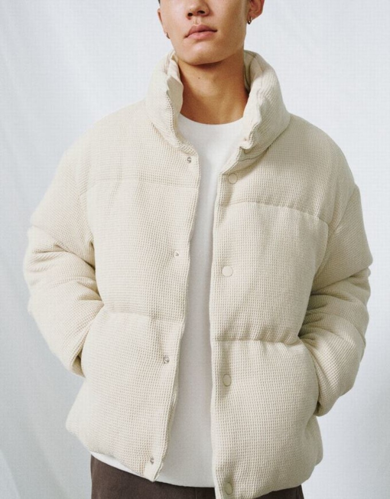 Urban Revivo Stand Collar Straight Men's Down Jackets Beige | XNPZRDI-92