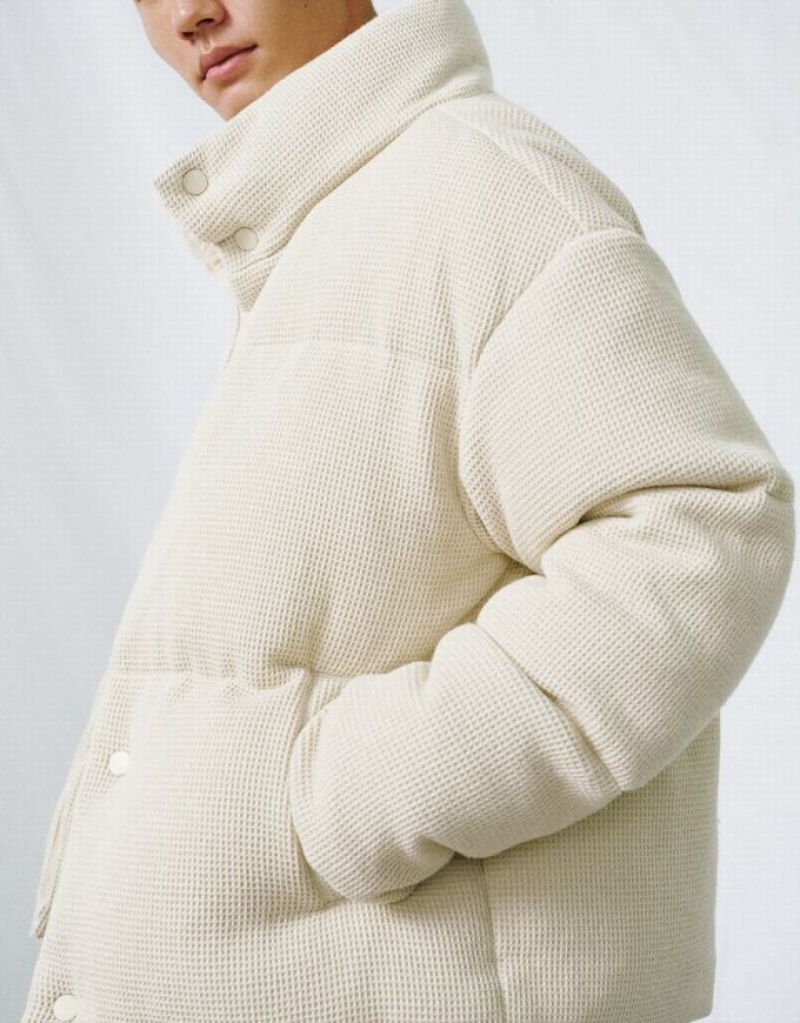 Urban Revivo Stand Collar Straight Men's Down Jackets Beige | XNPZRDI-92