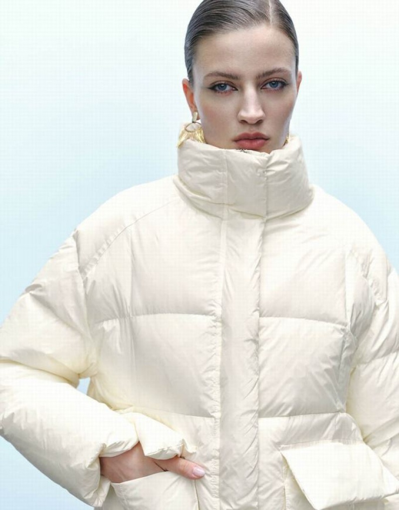 Urban Revivo Stand Collar Women's Puffer Jacket White | BPVADLQ-49