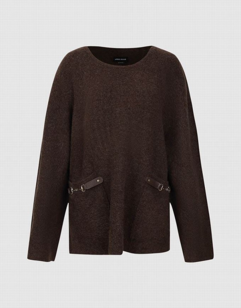 Urban Revivo Standard Sleeve Crew Neck Knitted Women's Cardigan Brown | KGZEUYS-68