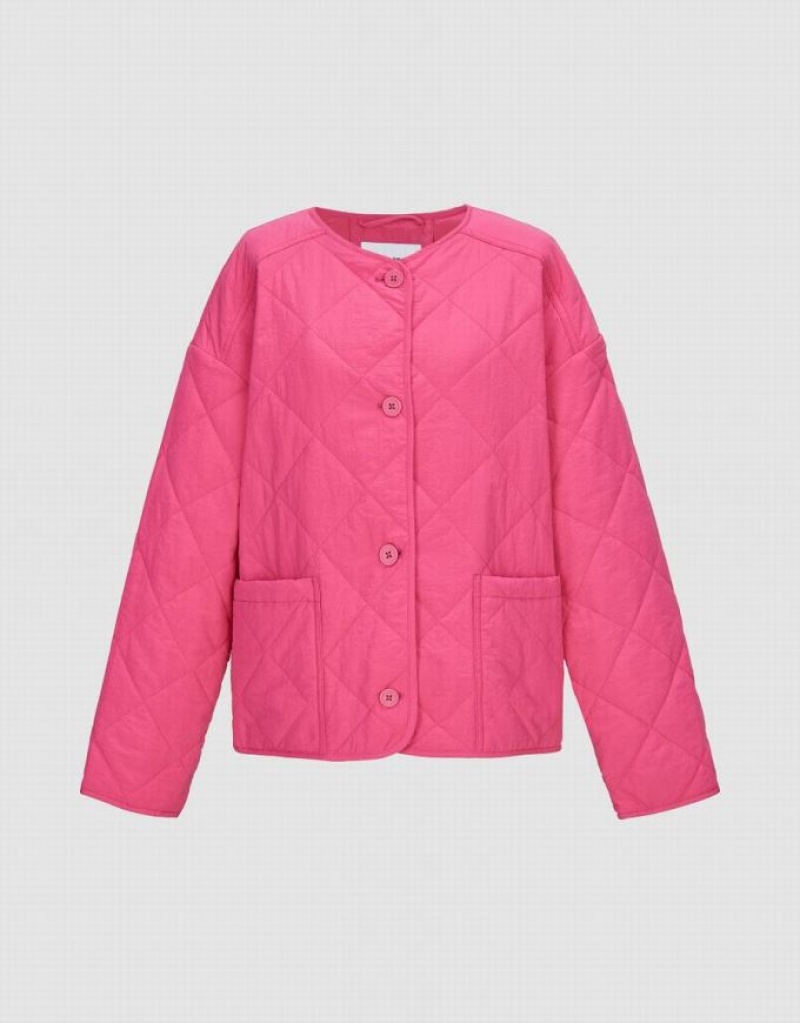 Urban Revivo Standard Sleeve Crew Neck Padded Women's Coats Pink | SRCMIUY-35