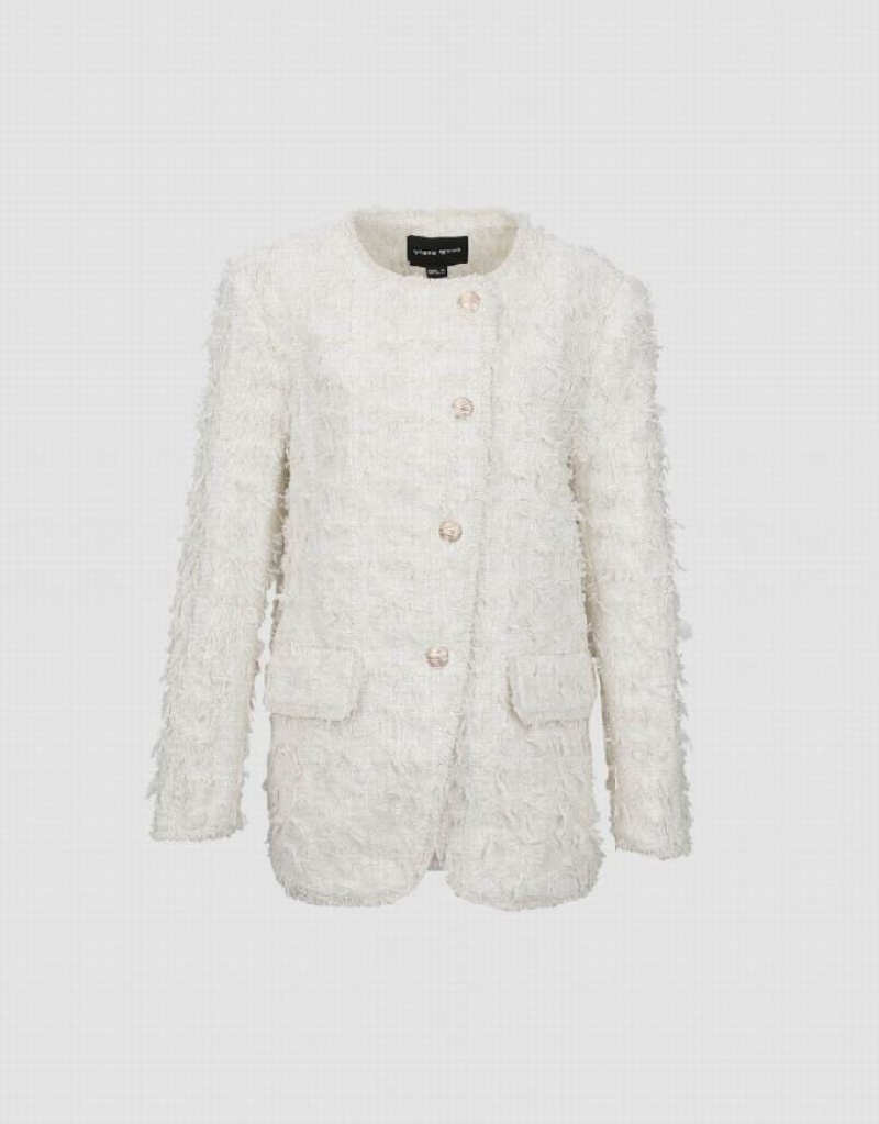 Urban Revivo Standard Sleeve Fuzzy Women's Jacket White | YBUSVZK-03