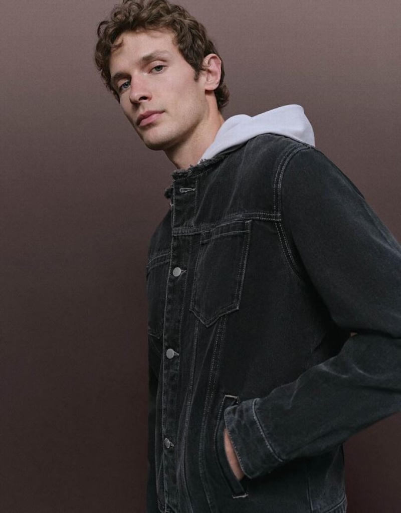 Urban Revivo Standard Sleeve Men's Denim Jackets Black | RSPJKZE-18