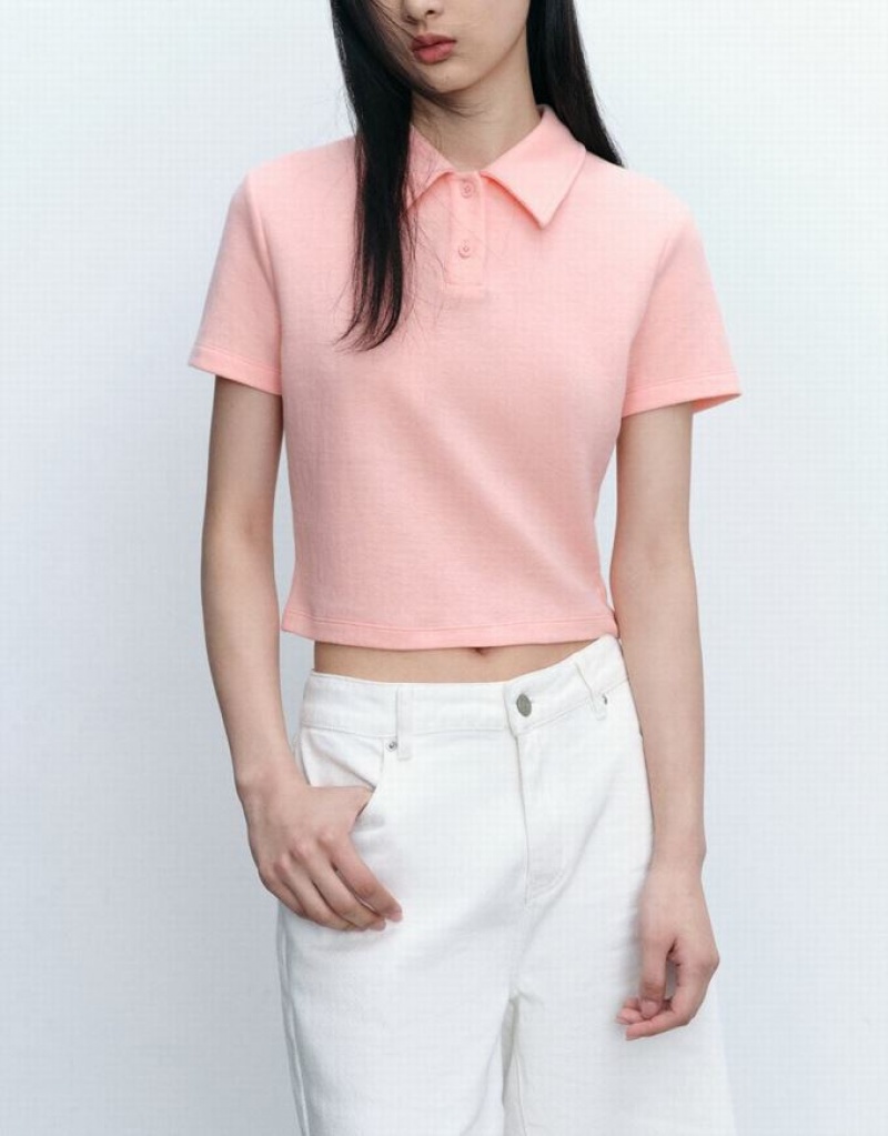 Urban Revivo Standard Sleeve Straight Women's Polo Shirts Pink | HPMRIBJ-05