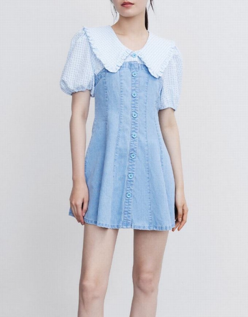 Urban Revivo Statement Collar Button Front Spliced Women's Denim Dress Blue | ZVLUMIN-79