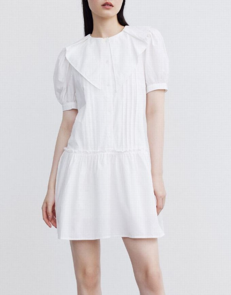 Urban Revivo Statement Collar Puff Sleeve Ruffle Hem Women's Casual Dress White | ZUTIXVJ-14