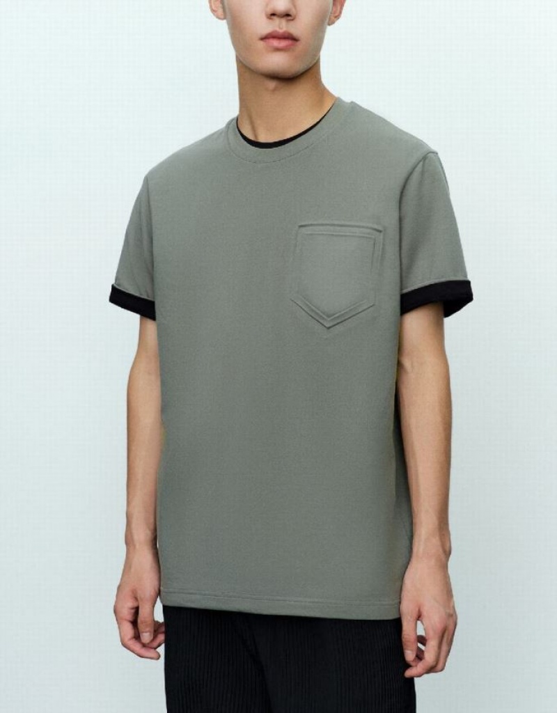 Urban Revivo Straight Crew Neck Men's T-Shirts Green | KHRLTOA-37