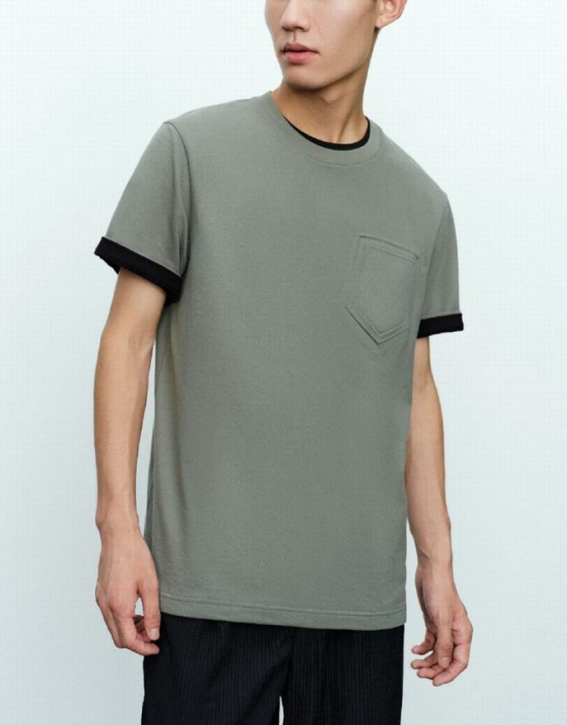 Urban Revivo Straight Crew Neck Men's T-Shirts Green | KHRLTOA-37