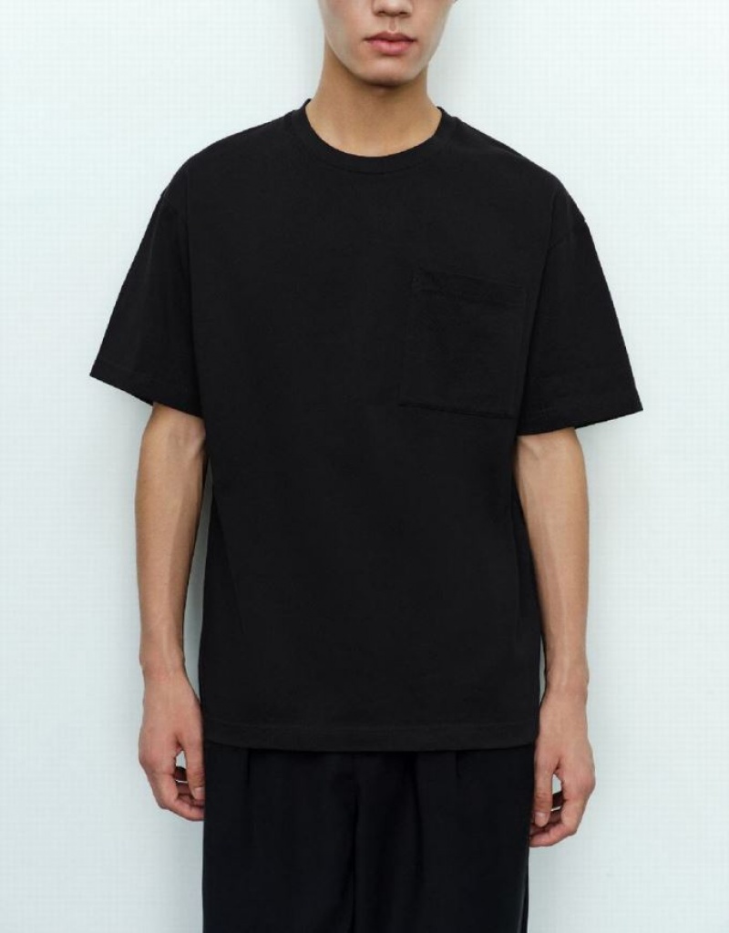 Urban Revivo Straight Crew Neck Men's T-Shirts Black | FHTRZSK-30