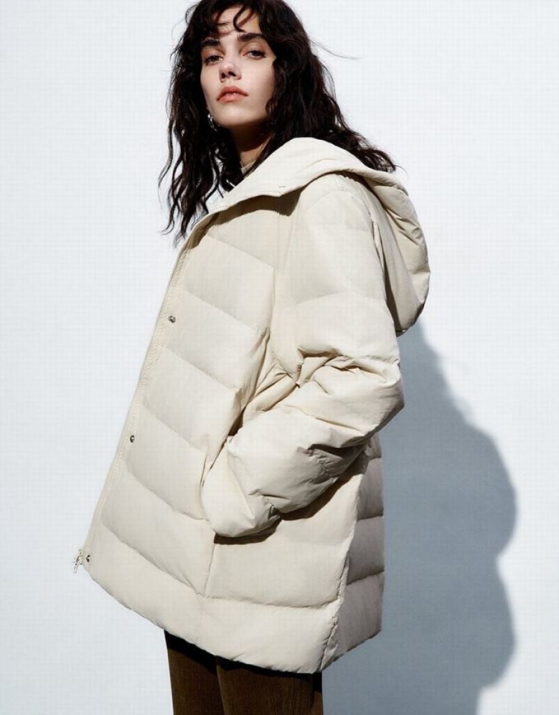 Urban Revivo Straight Hooded Women's Down Jackets White | BPMYQXU-98