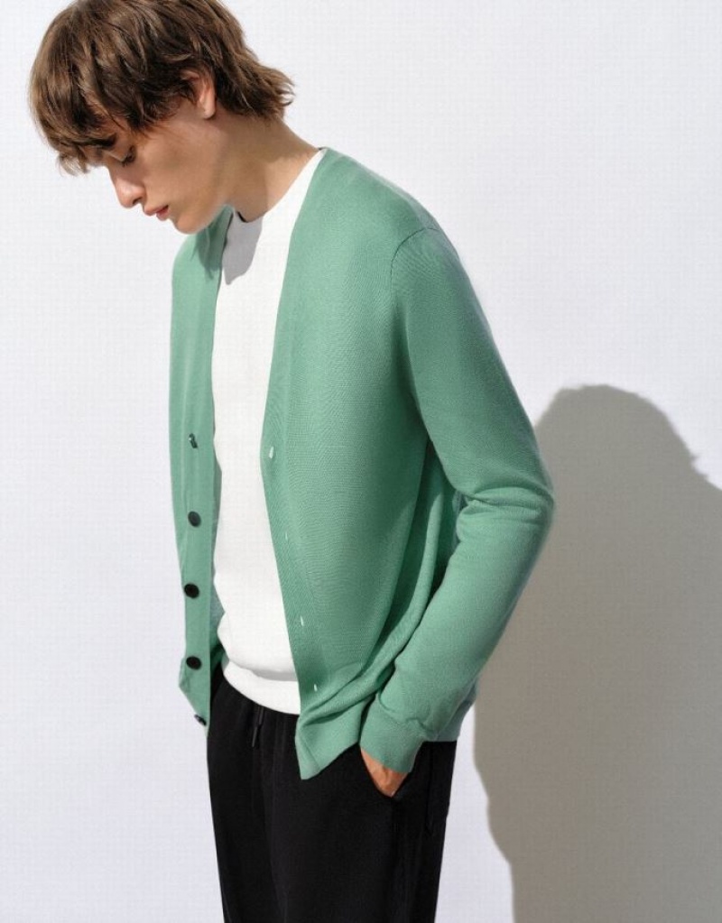 Urban Revivo Straight Knitted Men's Cardigan Green | FYMVZCQ-27