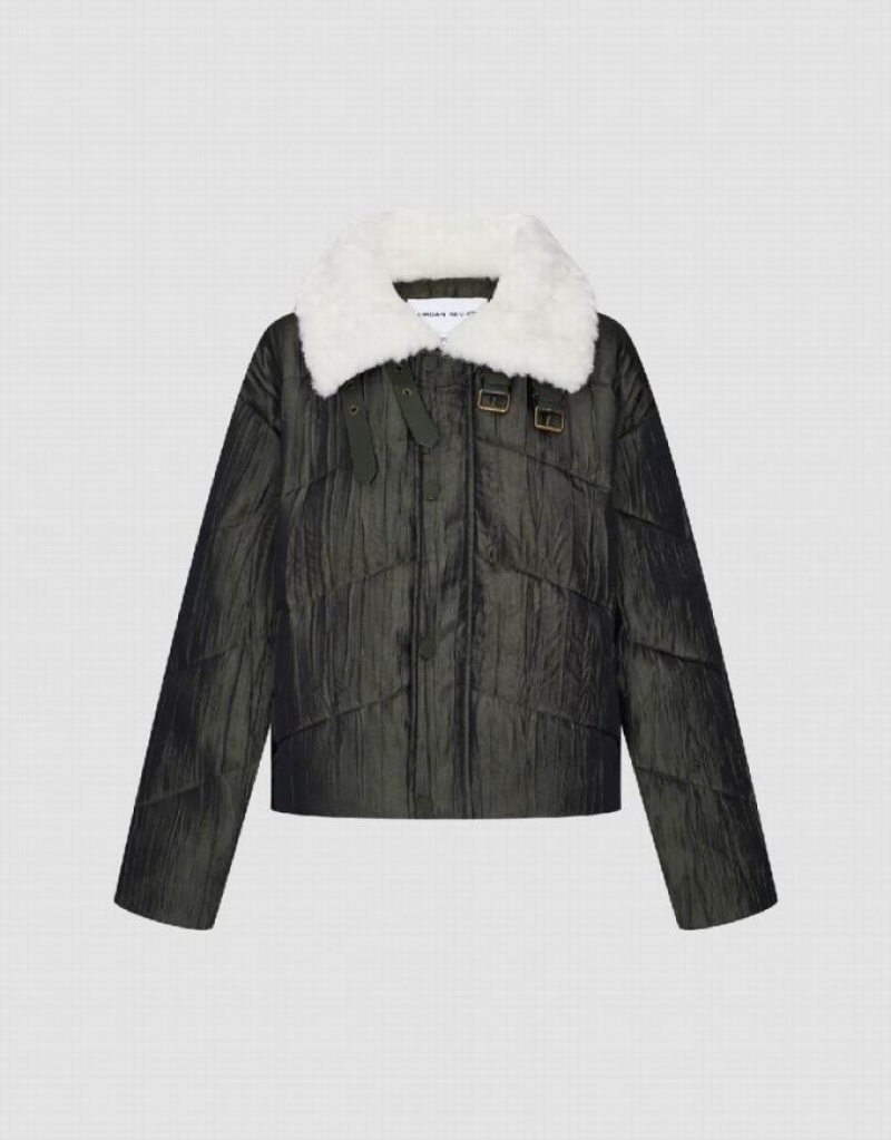 Urban Revivo Straight Padded With Furry Collar Women's Coats Green | XUOATCQ-53