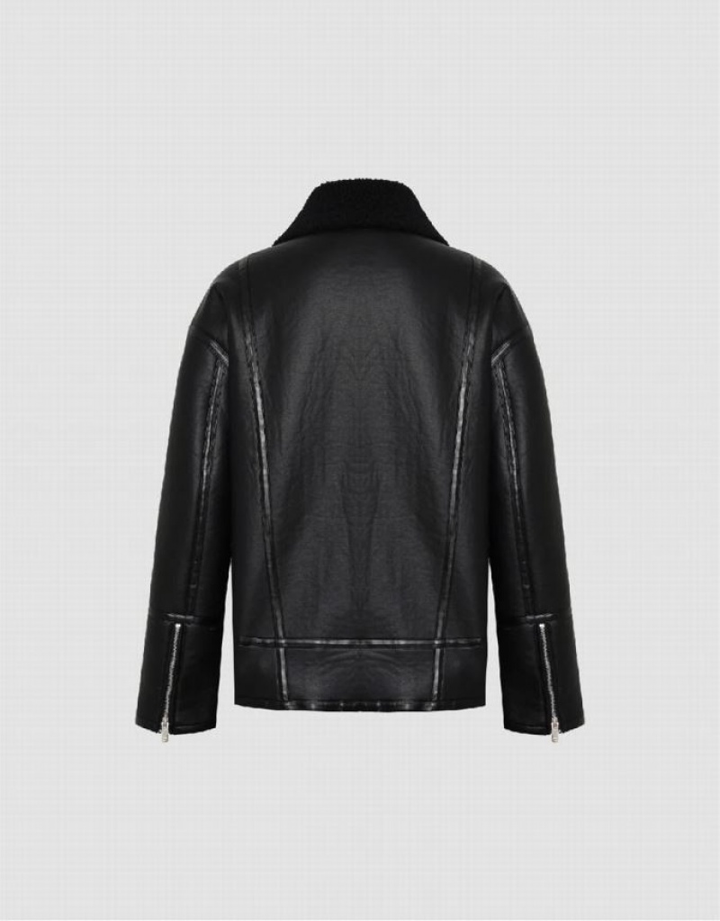 Urban Revivo Straight Vegan Men's Leather Jackets Black | PCFRZGW-95