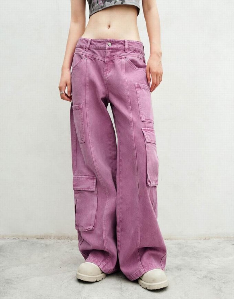 Urban Revivo Straight With Pockets Women's Jeans Purple | QFPNDMT-97